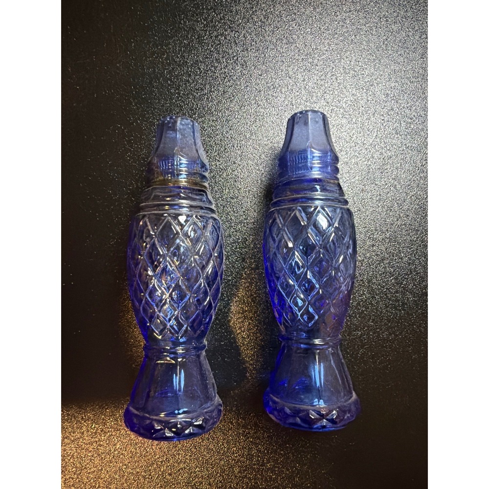 Vintage Avon Crystal Point Cobalt Blue Salt Shaker Cologne Bottles Set